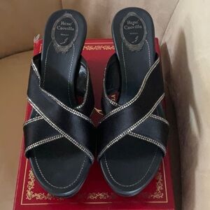 RENE CAOVILLA BLACK SATIN AND CRYSTAL WEDGE PLATFORM 9 9.5 eu 40 worn 2x